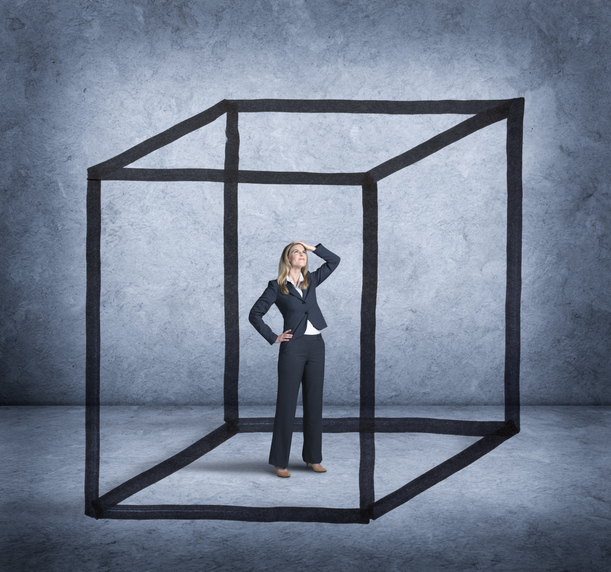 Woman Feeling Boxed In By Cube Drawn Around Her